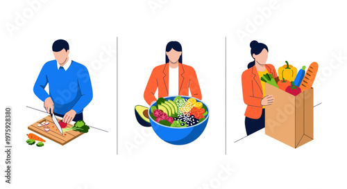 Flat vector people cooking food eating fresh salad and shopping for healthy groceries in daily life