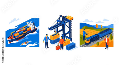 Global Logistics Network Cargo Ship Port Crane Freight Train Professional Worker Commercial Export Import Supply Chain Transport Industry Service