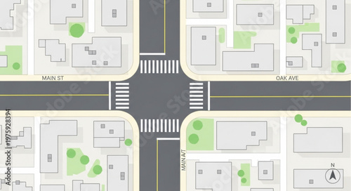 Aerial view of a city intersection with crosswalks.