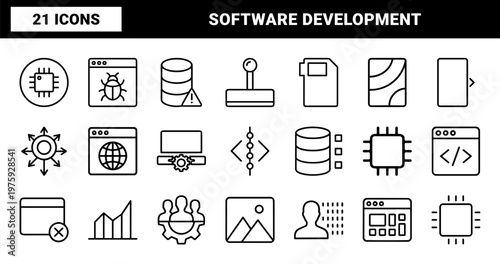 Minimalist programming and software development outline icon grid
