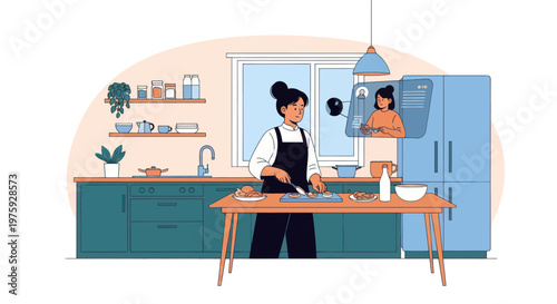 Woman learning to cook online in a modern kitchen