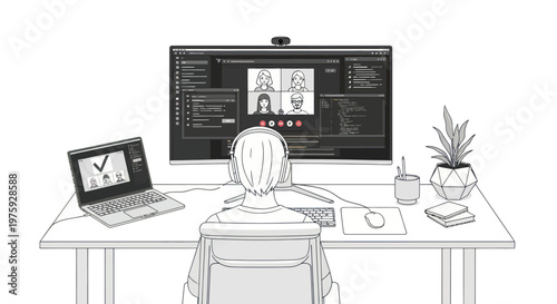 Person working remotely with video conference and coding