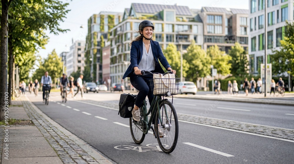 Obraz premium Woman rides bicycle on busy street in city during daytime while others cycle and walk nearby