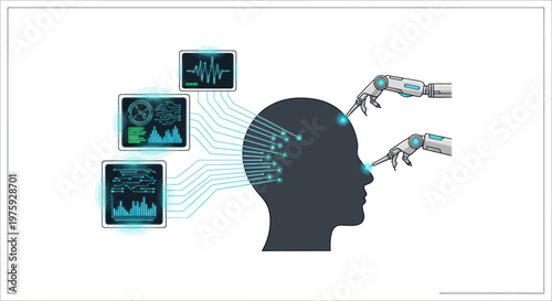 Concept of artificial intelligence technology and human brain interface with robotic arms.