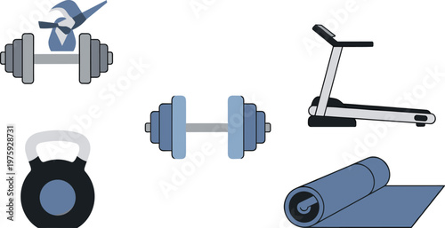 Fitness Equipment Collection with Dumbbells, Treadmill, Kettlebell, and Exercise Mat for Gym, Workout, and Sports Illustrations