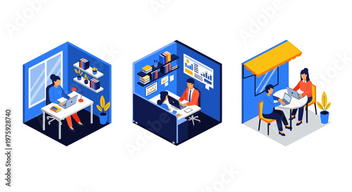 Hybrid work at home desk in big firm or small cafe for all staff now