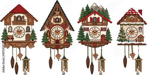 Traditional German cuckoo clock illustration set with wooden chalet houses, pine trees, and winter theme, representing Black Forest craftsmanship and antique timekeeping,