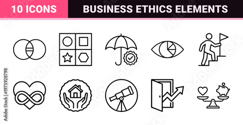 Core values and business ethics minimalist outline line icons.