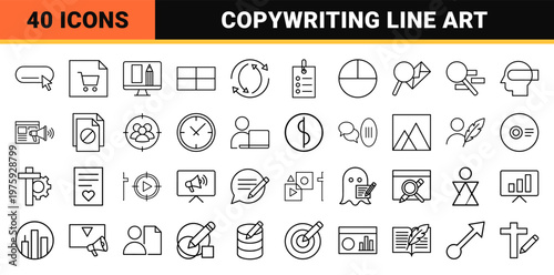 Digital marketing and copywriting minimalist outline graphic assets.