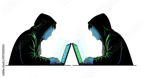 Two hooded figures typing on laptops, representing digital interaction or cybersecurity.