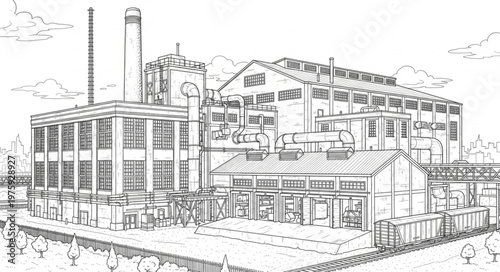 Industrial factory building with smokestacks.