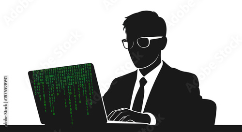 Professional Working on Laptop with Binary Code