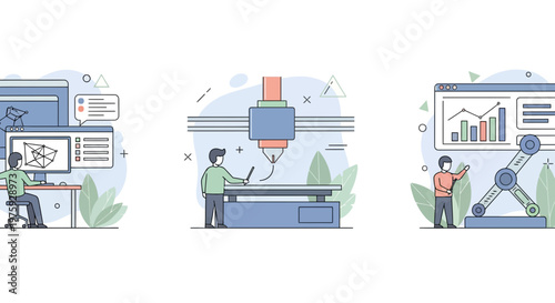 Industrial design workflow using 3D modeling and CNC machines with robotic automation and data analysis