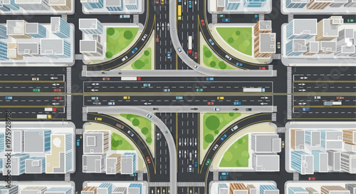 Aerial View of a City Intersection with Traffic and Green Spaces.