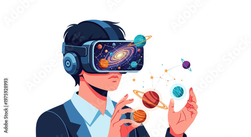 Person in VR headset exploring space with planets and stars.