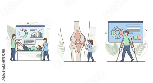 Medical physical therapy rehabilitation journey for patient recovery showing knee joint health professional clinical assistance