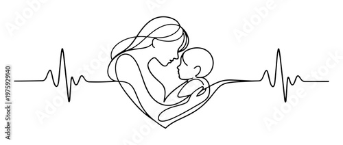 Mother and baby heart line icon with heartbeat, motherhood love, parent child care outline