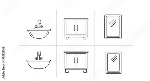 Bathroom Vanity Set: Sink, Cabinet, Mirror - Simple Line Art Icons