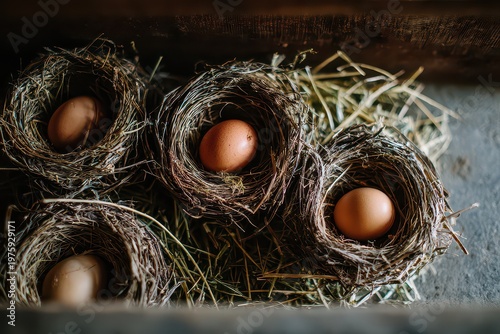 Four delicate bird nests cradling speckled brown eggs set against a rustic wooden background with soft natural lighting highlighting intricate twig details and fresh hay scattered around