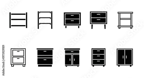 Set of furniture icons: shelves, dressers, cabinets, nightstands, and wardrobes.