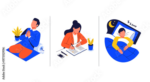 Self care routine concept with meditation writing journal and sleep for mental health wellness vector art design