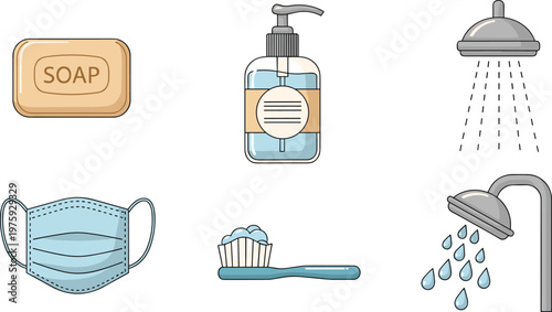 Personal Hygiene and Cleanliness Illustration with Soap, Face Mask, Toothbrush, and Shower for Health and Safety Guides