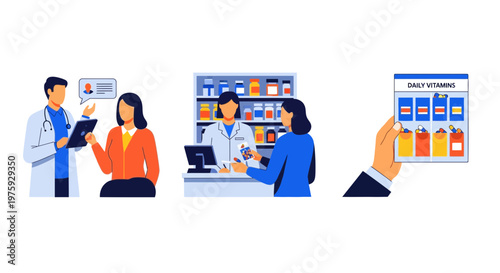 Modern Medical Healthcare Service Doctor Pharmacist Patient Vitamin Pills Organizer Pharmacy Professional Clinic Daily Wellness Support Routine