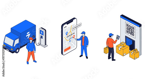 A set of new fast smart city last mile delivery van app and box map