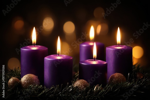 Five Purple Advent Candles Glow With Warm Flames Amidst Festive Greenery and Golden Orbs Creating a Cozy Holiday Atmosphere with Soft Bokeh Lights in the Background