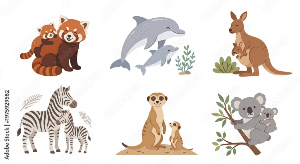 Fototapeta premium Cute animal mother and baby collection, wildlife parent and cub flat vector set