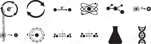 Scientific icons set, vector EPS for redox cycle, atomic structure, chemistry, physics, lab design.