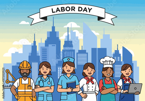 Diverse group of essential workers celebrating Labor Day with a banner.
