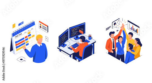 Task plan code success icon set for work team project management business dev cycle