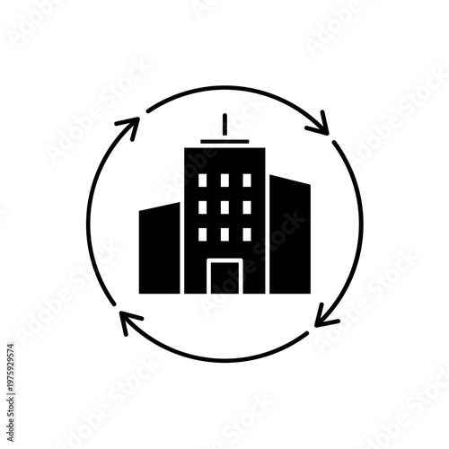 icon a remanufacturing with building and circular update arrows, isolated against a clean background.