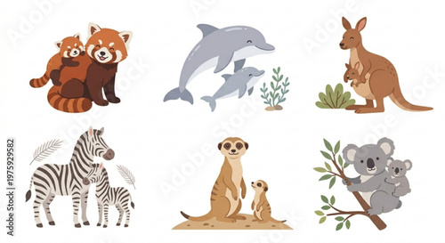 Cute animal mother and baby collection, wildlife parent and cub flat vector set