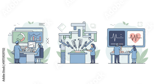 Set of doctors in a room use a robot to do surgery and see data