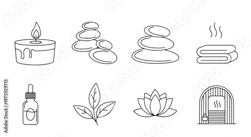 Minimalist spa and wellness line icon set, 8 black and white vector elements, zen massage stones and aromatherapy candle icons for beauty salon branding