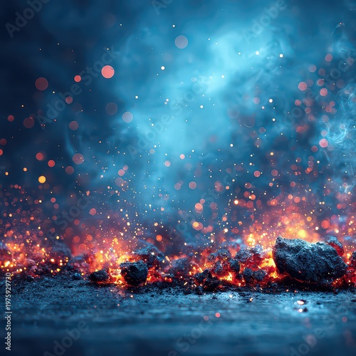 Fiery Embers Glow With Intense Heat and Orange Sparks Rising Into Smoky Blue Atmosphere Illuminated by Dramatic Backlighting