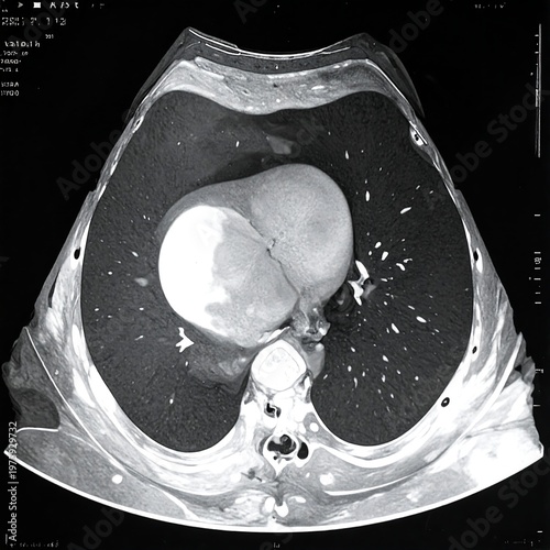 Medical scan shows a cross-section of the human chest, emphasizing the heart