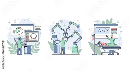 Surgeons use robots and monitors to treat patients in a modern hospital medical surgery room