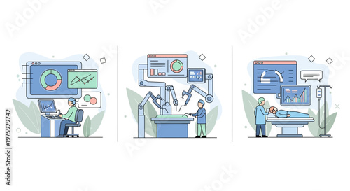 Robotic Surgery System Set Illustration Showing Surgeon Operating Medical Technology Arms On Patients In Modern Hospital Room