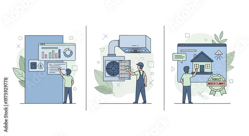 Smart home maintenance technician cleaning air filters and monitoring climate control systems with digital dashboard for comfort