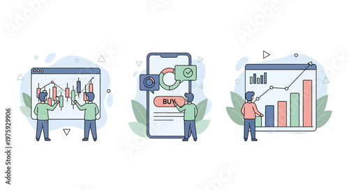 Trade stock market app data graph man set buy sell chart win pay go up