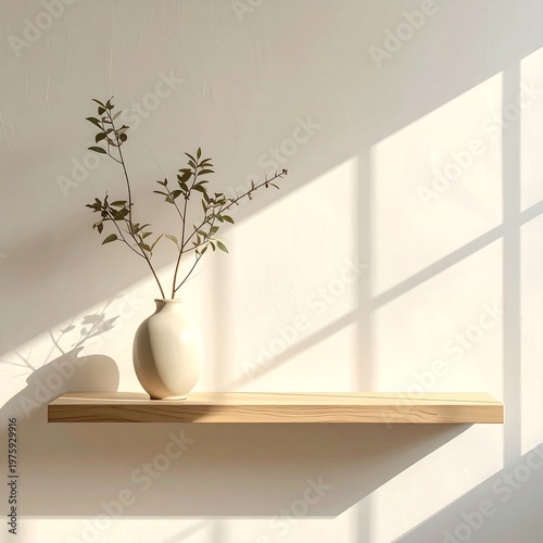Minimalist interior with a vase of branches on a wooden shelf