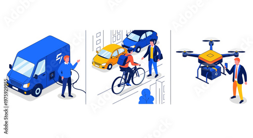 Eco van bike drone mail pack box city road way car man fast air map