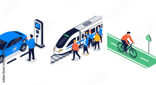 Sustainable eco friendly city transportation with electric car charging modern public train transport and bicycle riding