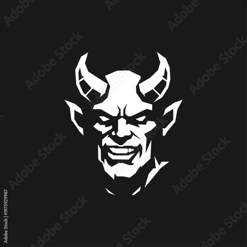 Aggressive Demon Head Logo Vector Illustration in Geometric Style, Black and White Devil Mascot with Horns for Gaming, Esports, Tattoo, Branding and Dark Modern Design