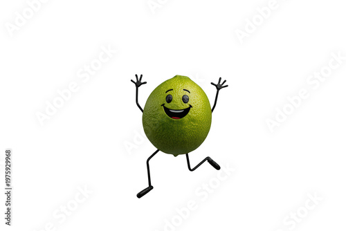 Happy anthropomorphic lime character running with arms raised, expressing joy and energy, transparent background
