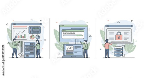 IT technicians managing server hardware performing system updates and ensuring database security in professional network environment