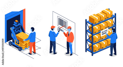Warehouse management logistics operation with worker scanning barcode and using robotic arm for storage of inventory boxes